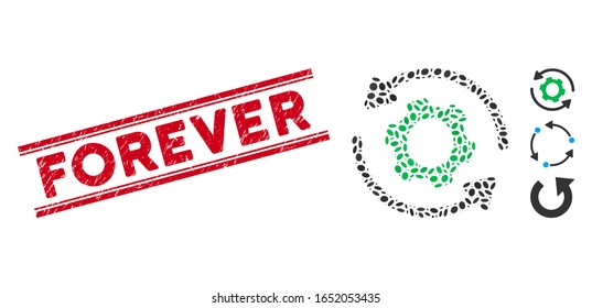 Corroded red stamp seal with Forever text between double parallel lines, and mosaic infinite rotation icon. Mosaic vector is formed with infinite rotation icon and with random ellipse elements.