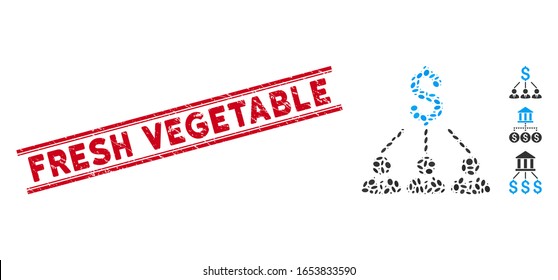 Corroded red stamp seal with Fresh Vegetable text between double parallel lines, and mosaic shareholders icon. Mosaic vector is created with shareholders icon and with randomized oval elements.