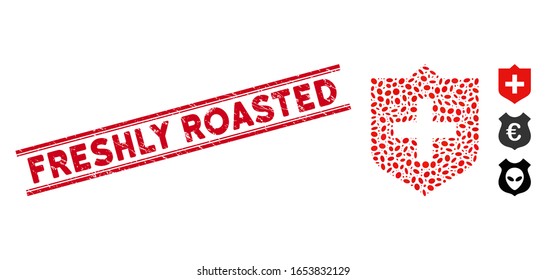 Corroded red stamp seal with Freshly Roasted caption inside double parallel lines, and mosaic shield icon. Mosaic vector is composed with shield icon and with random elliptic items.