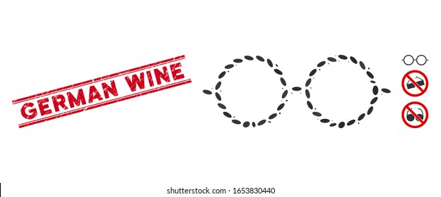 Sello de sello rojo corrodado con texto de vino alemán entre líneas paralelas dobles y icono de los espectáculos de mosaico. El vector mosaico está compuesto por un icono de espectáculos y con puntos de elipse dispersos.