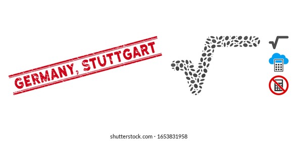 Corroded red stamp seal with Germany, Stuttgart phrase inside double parallel lines, and mosaic sqrt icon. Mosaic vector is composed with sqrt icon and with scattered elliptic items. Germany,