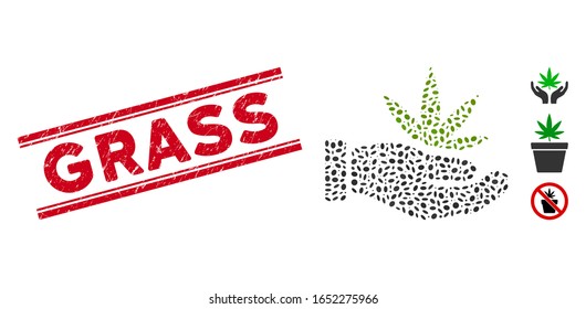 Corroded red stamp seal with Grass phrase between double parallel lines, and collage cannabis offer hand icon. Mosaic vector is formed with cannabis offer hand icon and with randomized elliptic items.