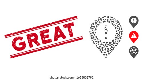 Corroded red stamp seal with Great phrase inside double parallel lines, and collage caution marker icon. Mosaic vector is created with caution marker icon and with randomized ellipse spots.
