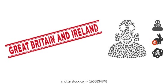 Corroded red stamp seal with Great Britain and Ireland caption inside double parallel lines, and mosaic toxic work icon.