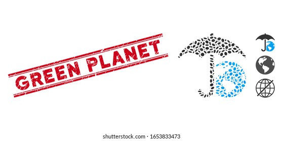 Corroded red stamp seal with Green Planet text between double parallel lines, and collage Earth umbrella icon. Mosaic vector is formed with Earth umbrella icon and with scattered elliptic spots.