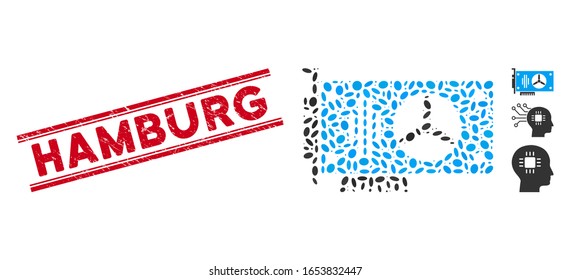 Corroded red stamp seal with Hamburg text inside double parallel lines, and mosaic videocard icon. Mosaic vector is designed with videocard icon and with scattered oval elements.