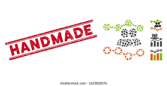 Corroded red stamp seal with Handmade phrase between double parallel lines, and mosaic visits report icon. Mosaic vector is composed with visits report icon and with randomized oval elements.