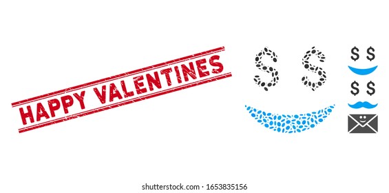Corroded red stamp seal with Happy Valentines text inside double parallel lines, and mosaic businessman smile icon. Mosaic vector is formed with businessman smile icon and with randomized oval spots.