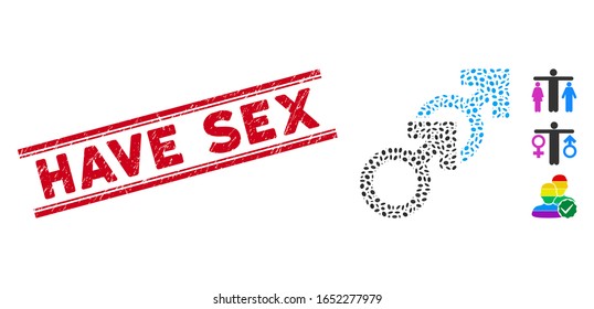 Corroded red stamp seal with Have Sex phrase between double parallel lines, and mosaic gay sex icon. Mosaic vector is formed with gay sex icon and with random ellipse elements.