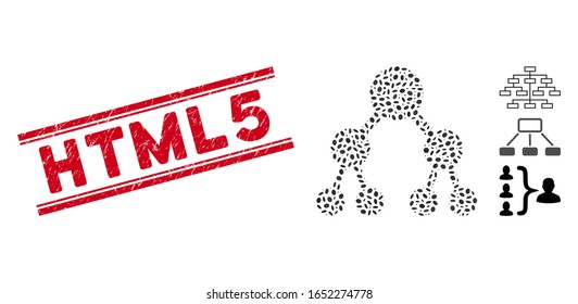 Sello de sello rojo con texto Html5 en doble línea paralela y icono de árbol binario de mosaico. El vector mosaico se forma con un icono de árbol binario y con elementos ovales aleatorizados.