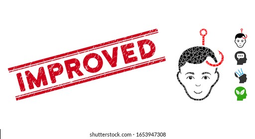 Corroded red stamp seal with Improved caption inside double parallel lines, and mosaic hooked man head icon. Mosaic vector is formed with hooked man head icon and with random elliptic elements.