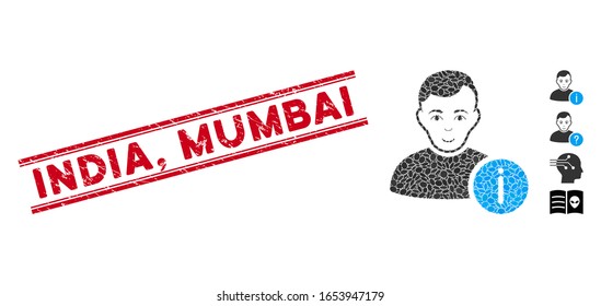 Corroded red stamp seal with India, Mumbai caption between double parallel lines, and mosaic user info icon. Mosaic vector is composed with user info icon and with scattered elliptic items. India,