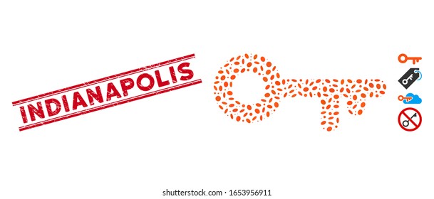 Corroded red stamp seal with Indianapolis text inside double parallel lines, and mosaic access key icon. Mosaic vector is formed with access key icon and with randomized oval elements.