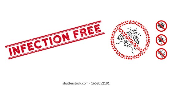 Corroded red stamp seal with Infection Free caption between double parallel lines, and mosaic no fly insect icon. Mosaic vector is created with no fly insect pictogram and with random ellipse items.
