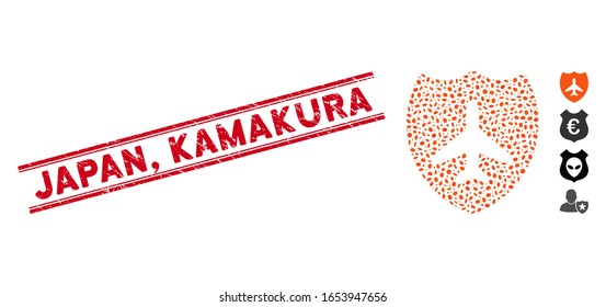 Corroded red stamp seal with Japan, Kamakura caption inside double parallel lines, and mosaic aviation shield icon.