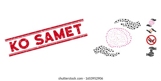Corroded red stamp seal with Ko Samet phrase between double parallel lines, and mosaic brain care hands icon.