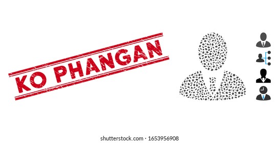 Corroded red stamp seal with Ko Phangan caption between double parallel lines, and mosaic boss icon. Mosaic vector is composed from boss icon and with scattered oval elements.
