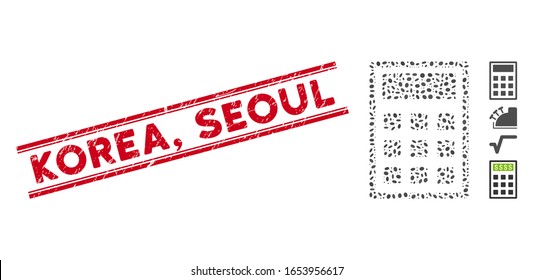 Corroded red stamp seal with Korea, Seoul phrase between double parallel lines, and collage calculator icon. Mosaic vector is composed with calculator icon and with randomized ellipse spots. Korea,