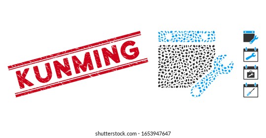 Corroded red stamp seal with Kunming phrase between double parallel lines, and mosaic calendar tuning icon. Mosaic vector is created with calendar tuning icon and with scattered oval items.