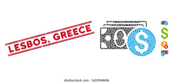 Corroded red stamp seal with Lesbos, Greece caption inside double parallel lines, and mosaic cash icon. Mosaic vector is created with cash icon and with scattered elliptic items. Lesbos,
