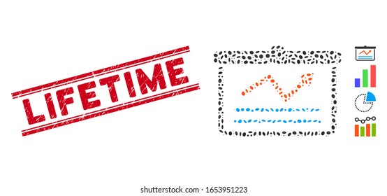 Corroded red stamp seal with Lifetime caption between double parallel lines, and collage chart icon. Mosaic vector is composed with chart icon and with scattered oval spots.