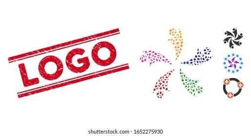 Corroded red stamp seal with Logo phrase between double parallel lines, and mosaic collaboration logo icon. Mosaic vector is created with collaboration logo icon and with scattered elliptic elements.