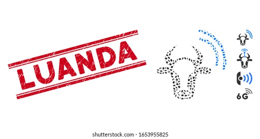Corroded red stamp seal with Luanda caption between double parallel lines, and mosaic cow radio signal icon. Mosaic vector is designed with cow radio signal icon and with randomized ellipse spots.