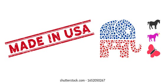 Sello de sello rojo corrodado con texto Hecho en EE.UU. entre líneas paralelas dobles, e icono del elefante republicano mosaico.