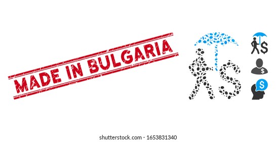 Corroded red stamp seal with Made in Bulgaria caption inside double parallel lines, and collage walking businessman with umbrella icon.