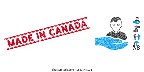 Corroded red stamp seal with Made in Canada caption between double parallel lines, and mosaic customer support hand icon.