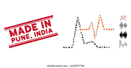 Corroded red stamp seal with Made in Pune, India caption between double parallel lines, and mosaic ECG icon. Mosaic vector is composed from ECG icon and with randomized ellipse elements. Made in Pune,