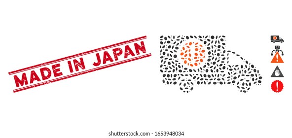Corroded red stamp seal with Made in Japan text between double parallel lines, and collage dangerous truck icon.