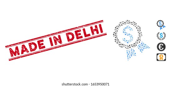 Corroded red stamp seal with Made in Delhi caption between double parallel lines, and collage bank award icon. Mosaic vector is created with bank award icon and with scattered elliptic spots.