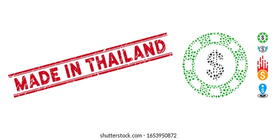 Corroded red stamp seal with Made in Thailand caption between double parallel lines, and collage dollar casino chip icon.