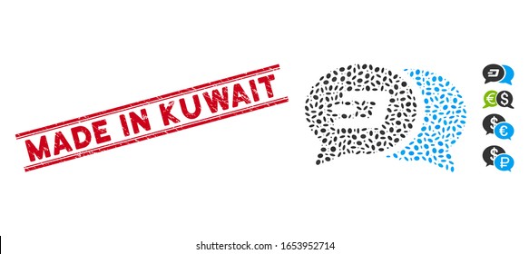 Corroded red stamp seal with Made in Kuwait phrase between double parallel lines, and mosaic Dash chat messages icon.