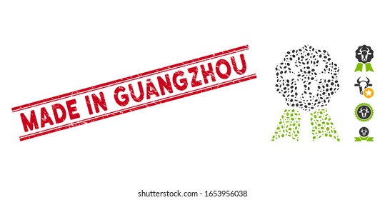 Korrodierte rote Stempelrobbe mit Made in Guangzhou Phrase in doppelten parallelen Linien, und Mosaik Kuh Preis-Siegelsymbol.