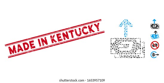Corroded red stamp seal with Made in Kentucky text between double parallel lines, and mosaic Dash banknotes pay out icon.