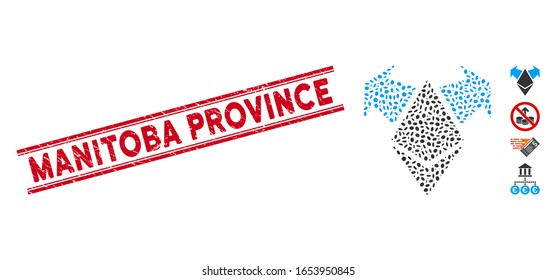 Sello de sello rojo con la leyenda de la provincia de Manitoba entre líneas paralelas dobles y icono de flechas de flujo de mosaico Ethereum.