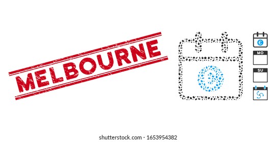 Corroded red stamp seal with Melbourne text inside double parallel lines, and collage Euro day icon. Mosaic vector is formed with Euro day icon and with randomized elliptic spots.
