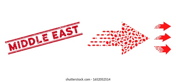 Corroded red stamp seal with Middle East caption between double parallel lines, and mosaic rush move right icon. Mosaic vector is created with rush move right icon and with random elliptic spots.