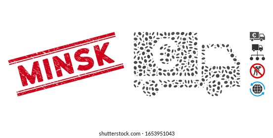 Corroded red stamp seal with Minsk text between double parallel lines, and collage Euro shipment icon. Mosaic vector is designed with Euro shipment icon and with scattered oval spots.