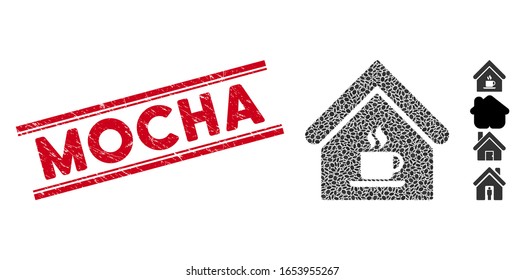 Corroded red stamp seal with Mocha phrase inside double parallel lines, and mosaic cafe house icon. Mosaic vector is composed with cafe house icon and with random oval spots.