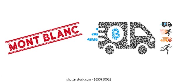 Corroded red stamp seal with Mont Blanc caption inside double parallel lines, and mosaic fast Bitcoin delivery car icon.