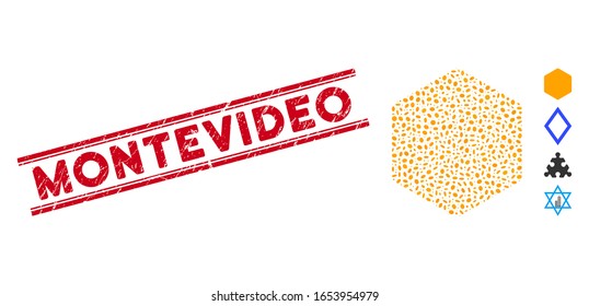 Corroded red stamp seal with Montevideo caption inside double parallel lines, and mosaic filled hexagon icon. Mosaic vector is formed with filled hexagon icon and with randomized elliptic elements.