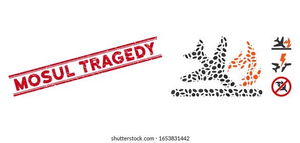 Corroded red stamp seal with Mosul Tragedy caption between double parallel lines, and mosaic airplane landing crash icon.