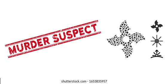 Corroded red stamp seal with Murder Suspect text inside double parallel lines, and mosaic quadro Ninja Star icon. Mosaic vector is composed from quadro Ninja Star icon and with random ellipse items.