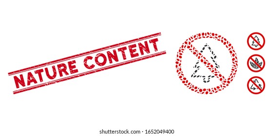 Corroded red stamp seal with Nature Content text inside double parallel lines, and mosaic no fir-tree icon. Mosaic vector is designed from no fir-tree icon and with randomized ellipse items.