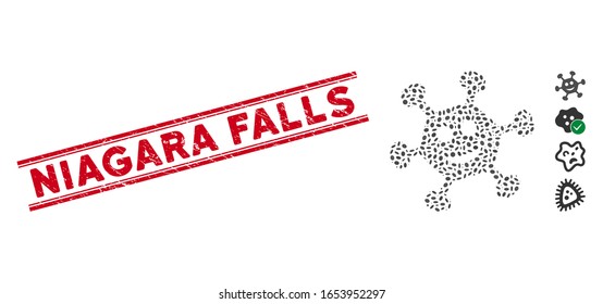 Corroded red stamp seal with Niagara Falls caption inside double parallel lines, and mosaic glad bacilla icon. Mosaic vector is created with glad bacilla pictogram and with random oval spots.
