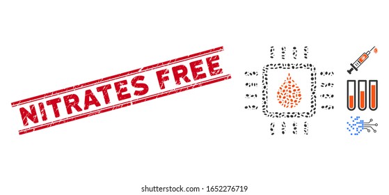 Corroded red stamp seal with Nitrates Free phrase inside double parallel lines, and mosaic drop analysis chip icon.