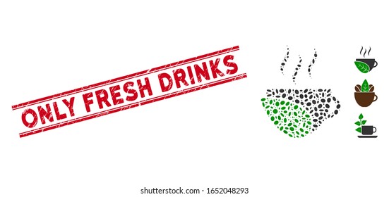 Corroded red stamp seal with Only Fresh Drinks caption between double parallel lines, and mosaic organic coffee cup icon.